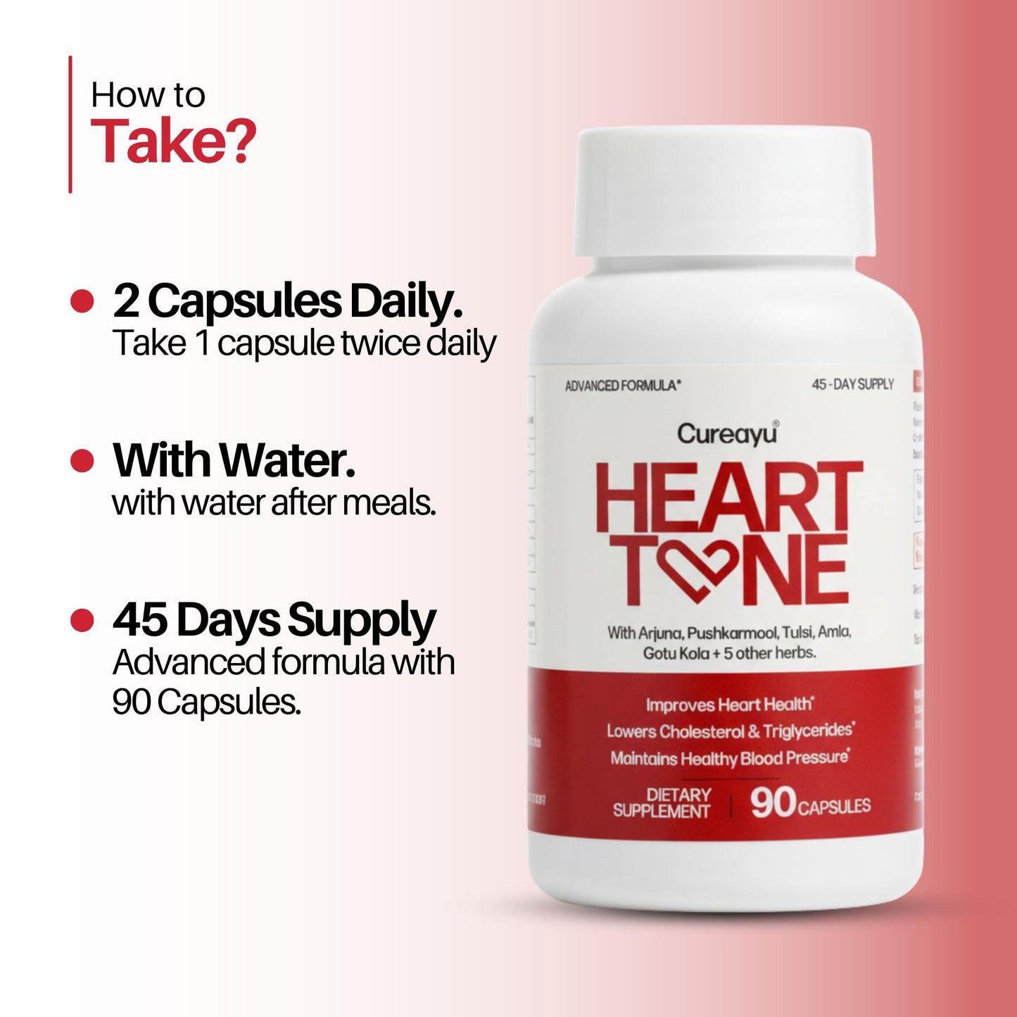 Cureayu Heart Tone Capsules | Natural Heart Health Supplement | Supports Healthy Cholesterol & Triglycerides Levels | with Arjuna, Pushkarmool + 8 Other Herbs | 90 Capsules CureayuBuy Supplements Australia
