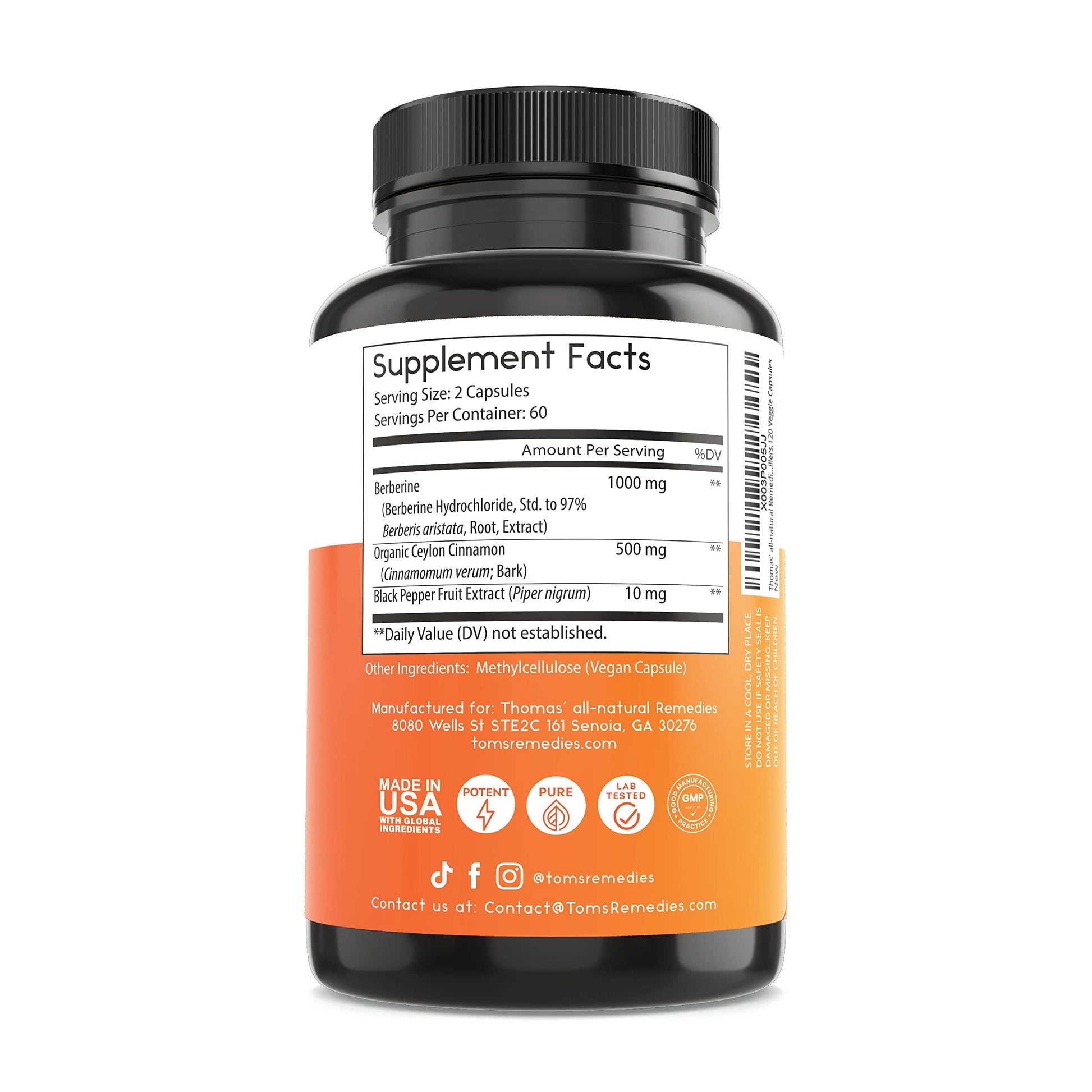 Thomas' all-natural Remedies Berberine 500mg (1000mg Per Serving)- 120 Vegan Capsules Thomas' all-natural RemediesBuy Supplements Australia