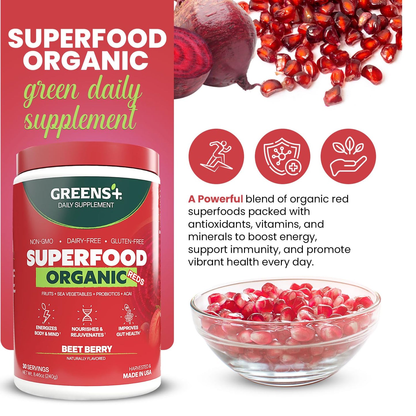 Greens+ Organic Reds Superfood Powder, Antioxidant, Polyphenol, Blend for Morning Kick, Energy, Vitality Boost, Nutrition, Vibrant Health, Vegan Soy/Dairy/Gluten Free(8.46oz) Greens+Buy Supplements Australia