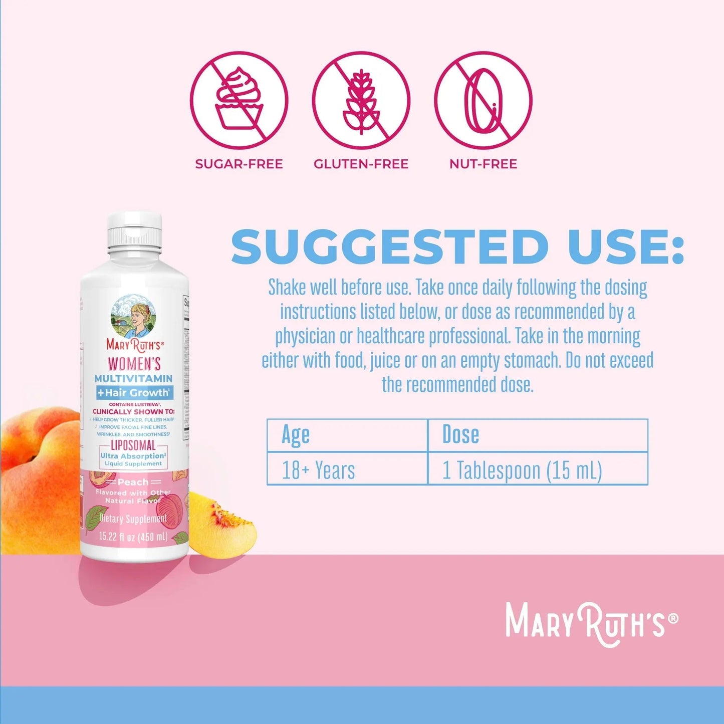 MaryRuth's Women's Multivitamin + Hair Growth Liposomal (Peach) & Iron Liquid (Berry) | Clean Label Project Verified® | MARYRUTH'SBuy Supplements Australia