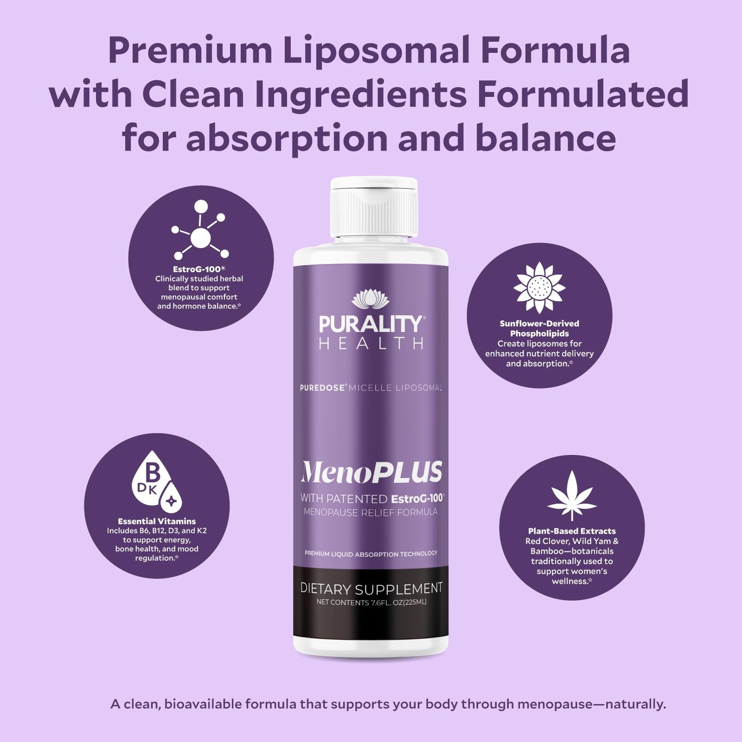 PURALITY HEALTH MenoPLUS Liposomal Menopause Supplement for Women | EstroG-100®, Vitamins D3, B6, B12 & K2 | Iodine | Hormonal Balance & Mood Support PURALITY HEALTHBuy Supplements Australia