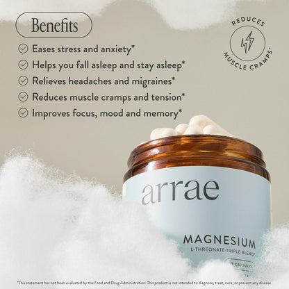 Arrae Magnesium Supplement, Magnesium Glycinate, Citrate & L-threonate, 250 mg, Support Mood, Sleep, Nerves, and Muscles,90 Capsules ArraeBuy Supplements Australia