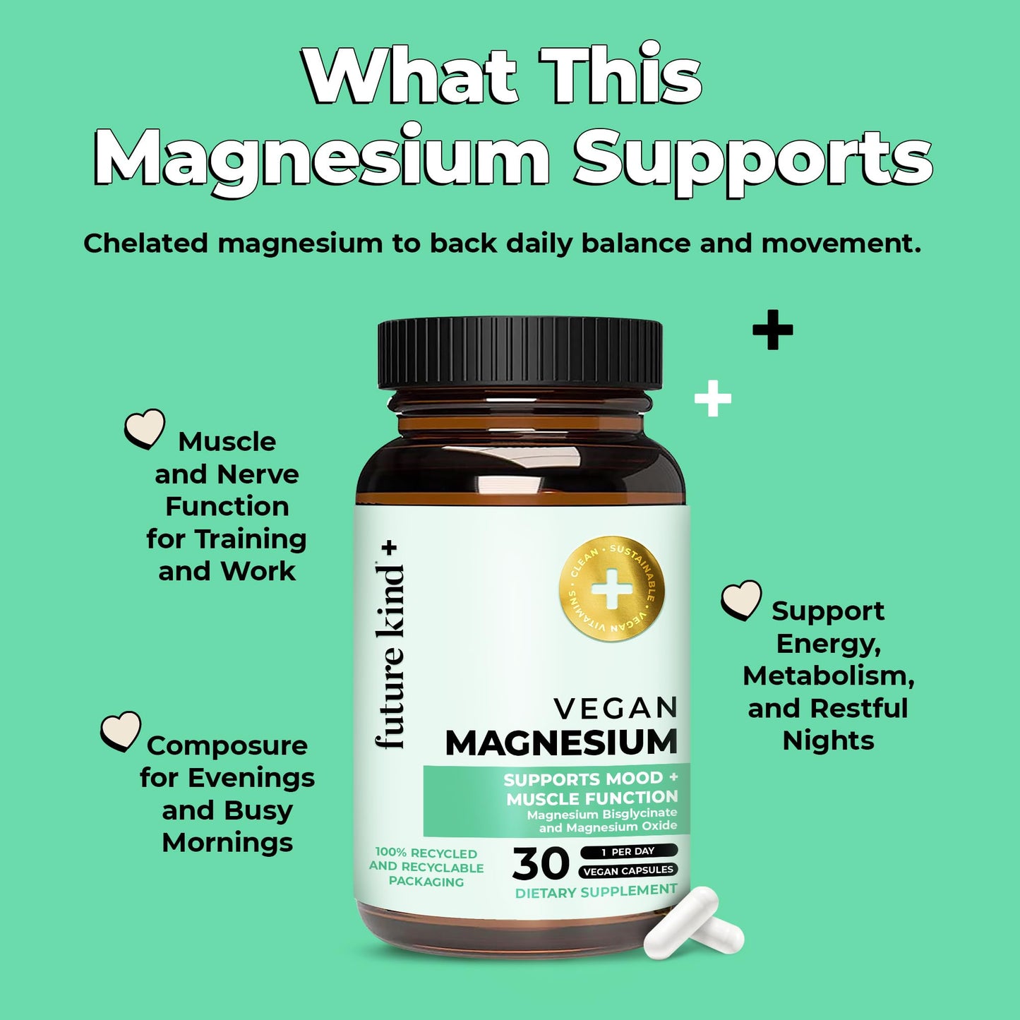 Future Kind Magnesium Glycinate, Supports Muscle and Nerve Function, High Absorption Chelated Magnesium Supplement, Nightly Calm, Energy & Metabolism, Highly Bioavailable & Potent - 30 Vegan Capsules Future KindBuy Supplements Australia