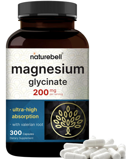 Pure Magnesium Glycinate for Sleep, 200mg with Valerian Root, 300 Capsules | 100% Chelated & Purified Mineral Supplement – Ultra High Absorption – Non-GMO, Gluten Free NatureBellBuy Supplements Australia