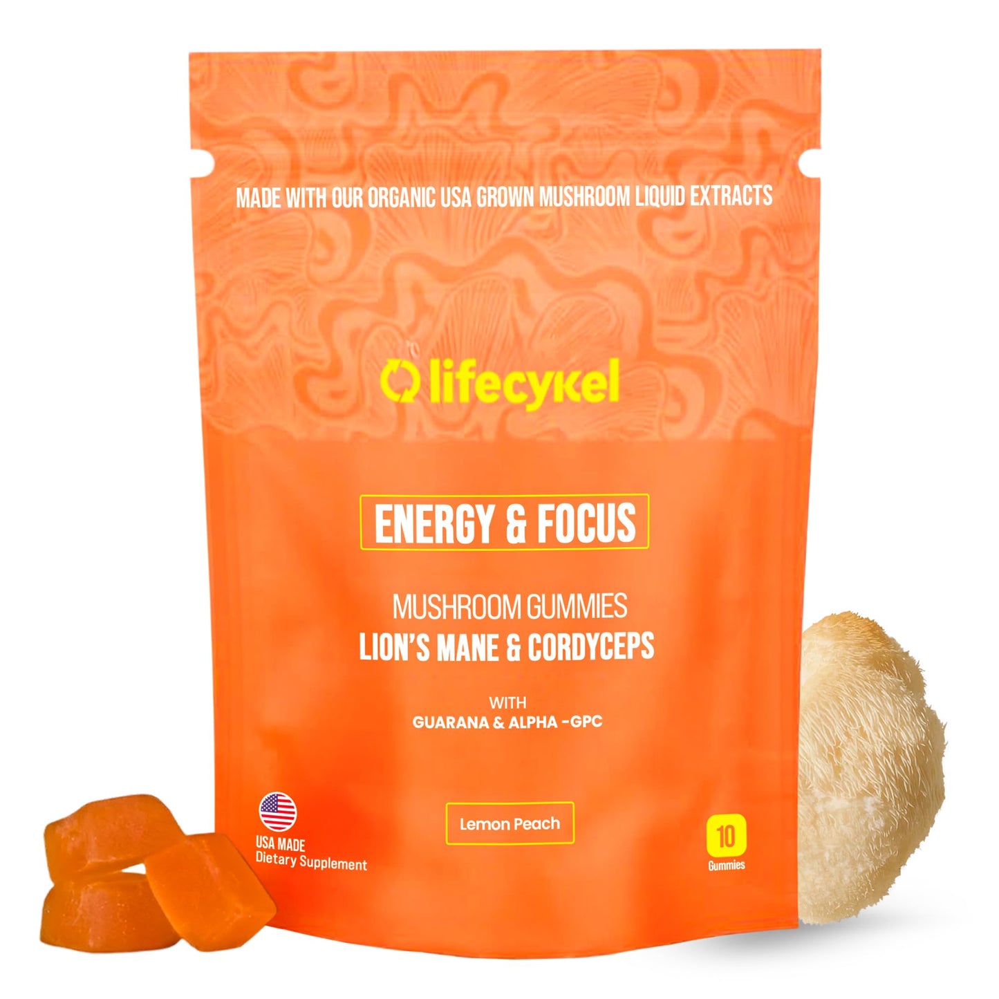 Life Cykel - AM Energy and Focus Mushroom Gummies, 10 Count - Organic Lion's Mane Gummies with Cordyceps, Guarana & Alpha GPC for Mental Clarity, Natural Energy, Endurance & Focus - Lemon Peach Flavor Life CykelBuy Supplements Australia