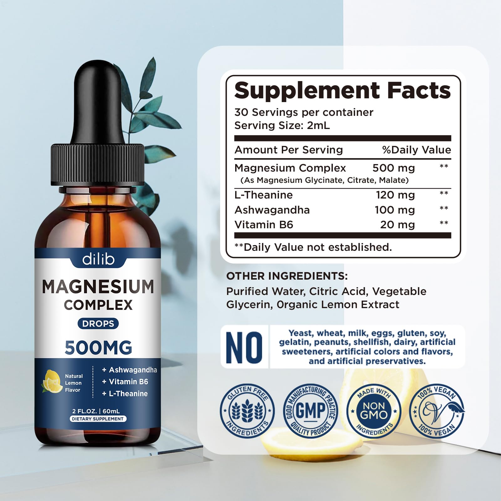 Magnesium Glycinate Liquid Drops, Triple Magnesium Complex Supplement with Citrate, Malate 500mg Ashwagandha, L-Theanine, Vitamin B6 for Sleep, Calm, Stress Relief, Bone, Muscle, Mood - Lemon Flavor dilibBuy Supplements Australia