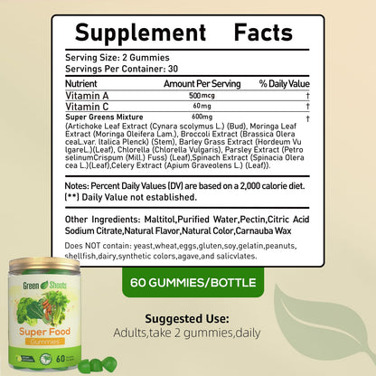 Greenshoots Super Food Gummies with Super Greens Blend, Vitamin A & C – Broccoli, Spinach, Moringa & Chlorella – Vegan, Sugar Free, Daily Nutrition Support, 60 Gummies GreenshootsBuy Supplements Australia