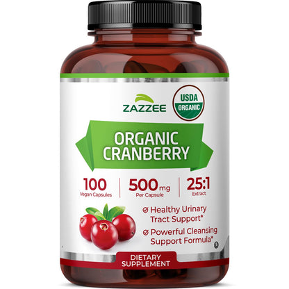Zazzee USDA Organic Cranberry 25:1 Extract, 500 mg per Capsule, 100 Vegan Capsules, 3+ Month Supply, Certified Kosher, Vaccinium Macrocarpon, Urinary Tract & Bladder Support