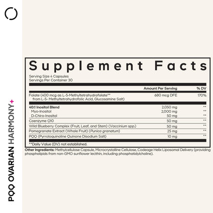Codeage PQQ Ovarian Harmony+ Supplement - PQQ (Pyrroloquinoline Quinone), Myo-Inositol & D-Chiro-Inositol 40:1 Blend, Folate 5-MTHF, CoQ10, Wild Blueberry - Liposomal Delivery - Non-GMO - 120 Capsules CodeageBuy Supplements Australia