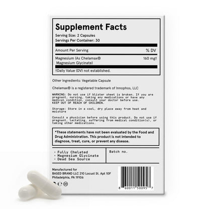 Based Dead Sea Magnesium | Pure Magnesium Glycinate | Support Stress Relief, Sleep, Heart Health, Nerves, Muscles, and Metabolism | 60 Capsules Based SupplementsBuy Supplements Australia