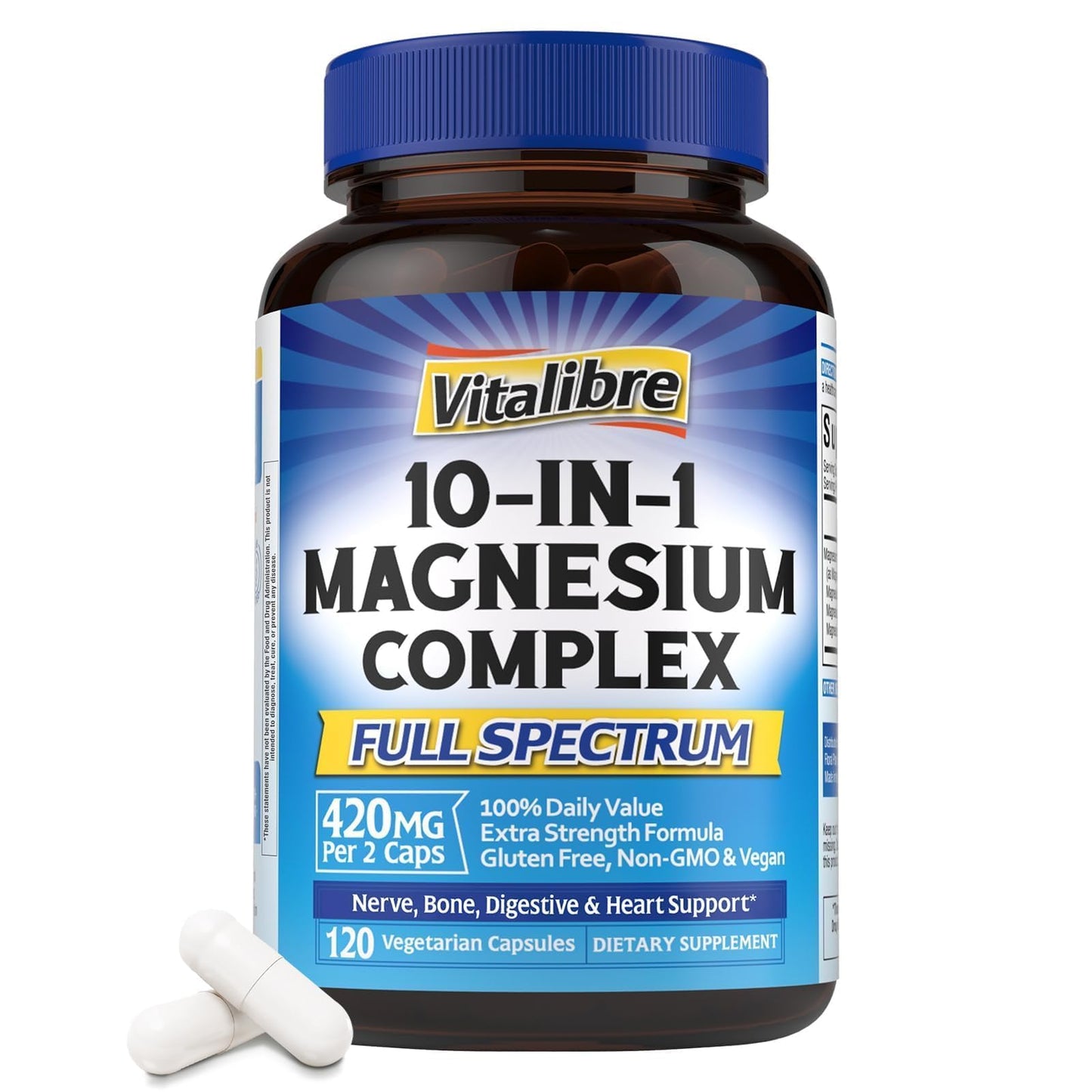 Vitalibre 10 in 1 Magnesium Complex, 420mg Elemental Magnesium | Ultra Strength, Max Absorption | Chelated Magnesium Supplement for Nerves, Bone & Heart Health