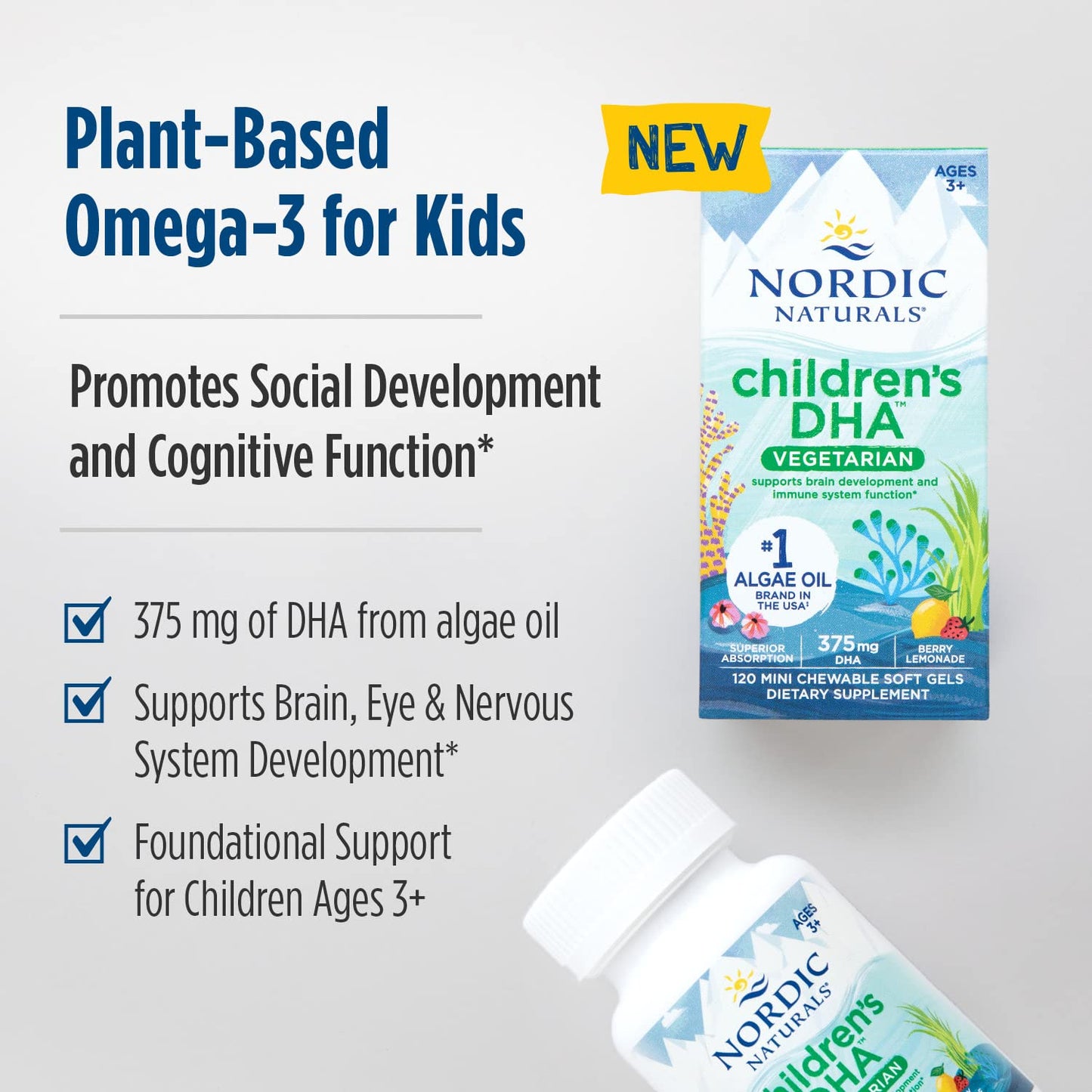 Nordic Naturals Children's DHA Vegetarian - Kids DHA Omega-3 Supplement -Algae Oil - Berry Lemonade Mini Chewables - Plant-Based Formula for Ages 3+ - 120 Soft Gels - 40 Servings Nordic NaturalsBuy Supplements Australia