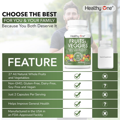 Fruits & Veggies Formula - 27 Premium Whole Foods - Organic Ingredients - Equals 3 Servings of Fruits & Vegetables - Improve Energy, Focus & Immune Function - Fiber - Antioxidants - 120ct (60 Serv) Healthy OneBuy Supplements Australia