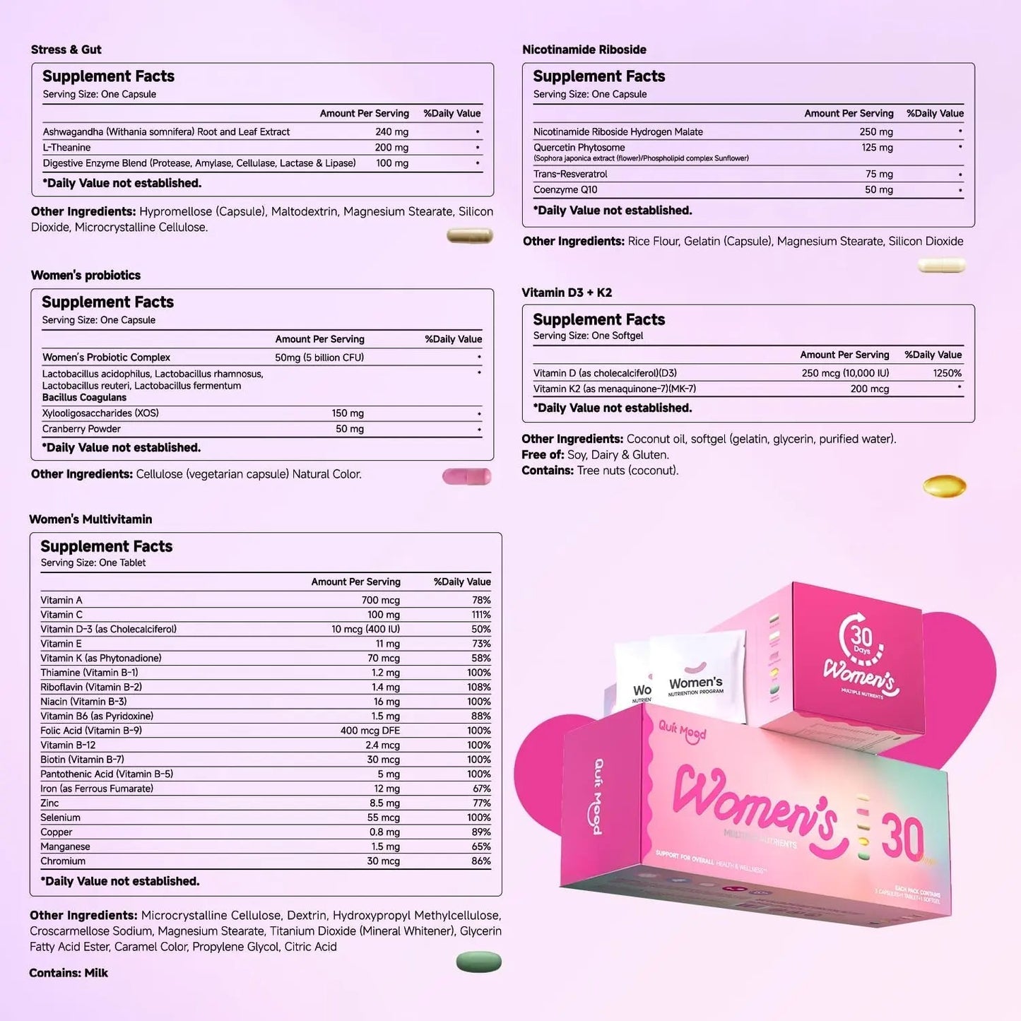 Multivitamin for Women Daily Vitamin Packs for 30 plus with Ashwagandha, D3 + K2, Probiotics&NR 1000 | Supplement for Beauty, Stress Relief Quit mood