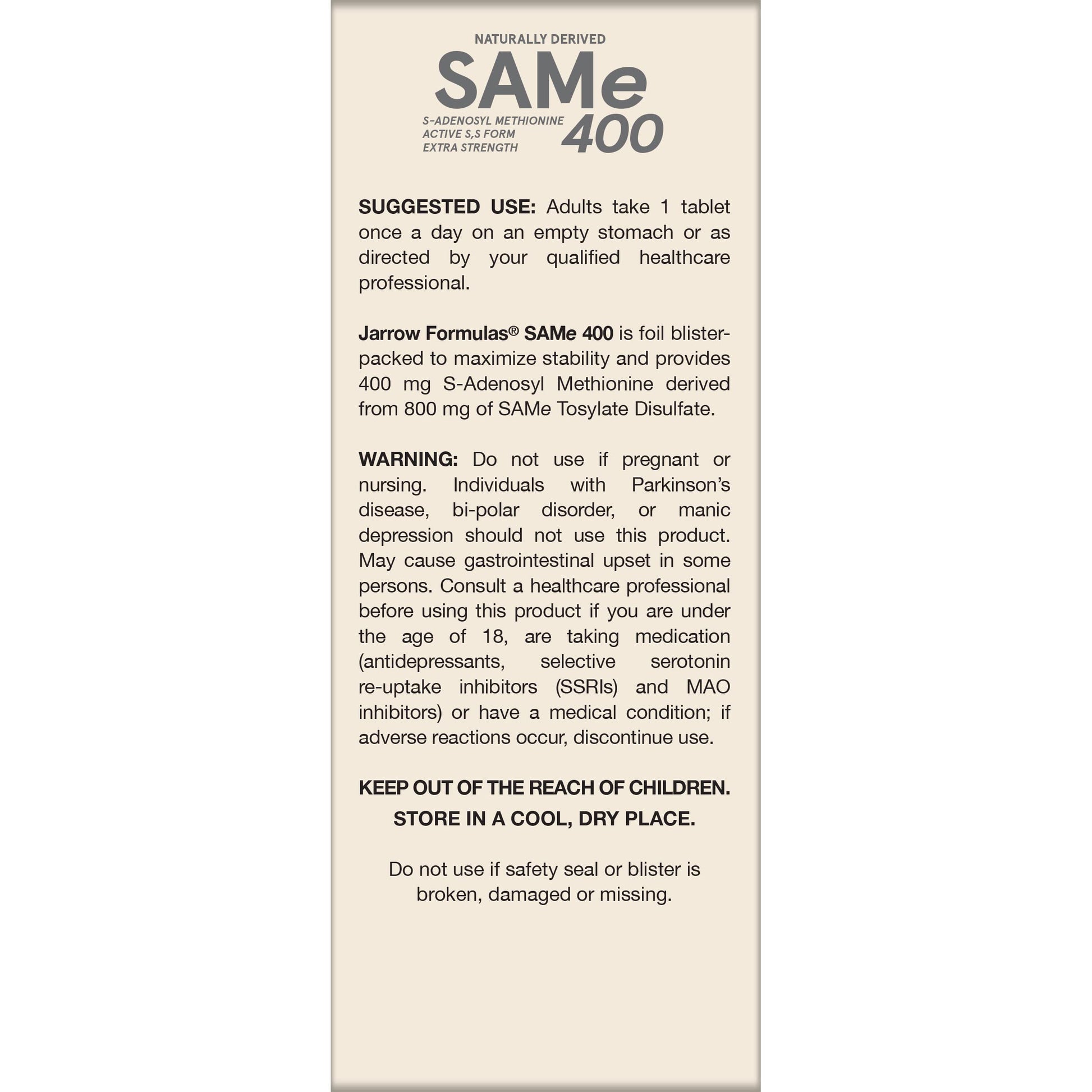Jarrow Formulas SAMe Supplement 400 mg - 60 Tablets - High Concentration of Active S,S Form - Supports Joint Health, Liver Function, Brain Metabolism, Balanced Mood & Antioxidant Defense - 60 Servings Jarrow FormulasBuy Supplements Australia