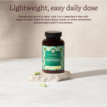 Aduna Organic Moringa Capsules 1500mg | 100% Pure Moringa Leaf for Energy, Immunity & Focus | Natural Plant-Based Food Supplement for Tiredness, Recovery & Breastfeeding | 180 Vegan Capsules AdunaBuy Supplements Australia