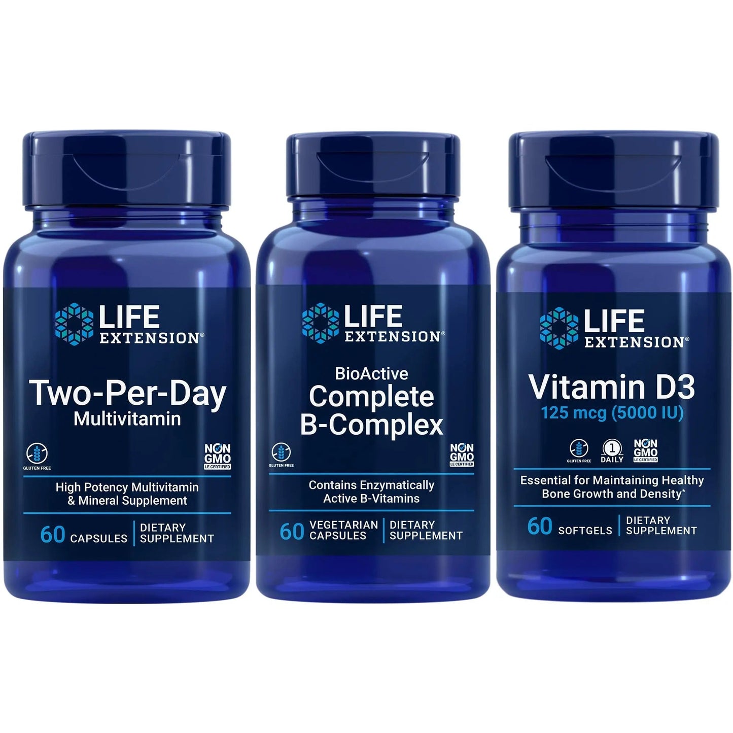 Life Extension Two-Per-Day Multivitamin, 60 capsules | BioActive Complete B-Complex, 60 capsules | Vitamin D3 125 mcg (5000 IU), 60 softgels | Bone & immune health, energy and metabolism support Life ExtensionBuy Supplements Australia