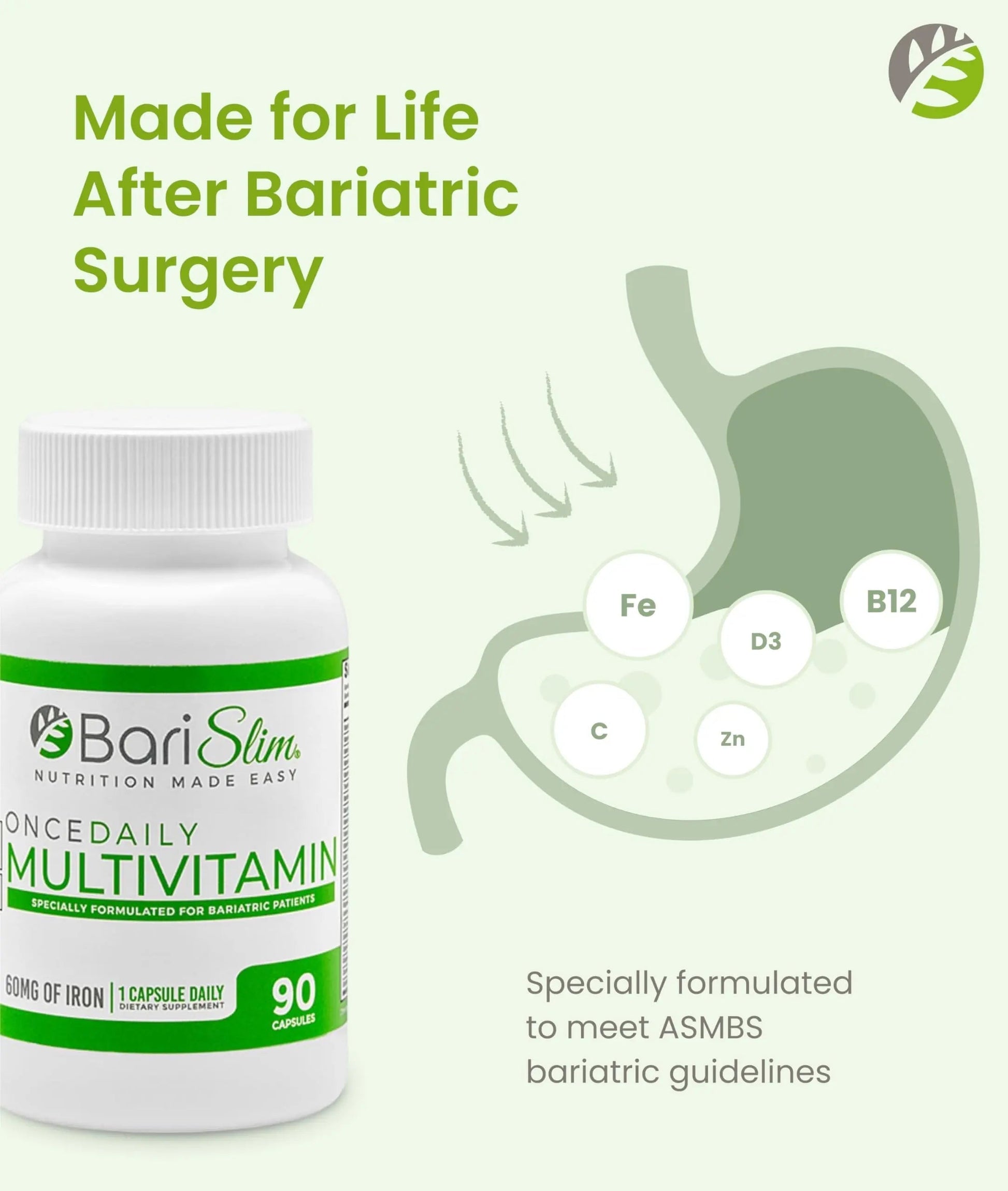 BariSlim Once Daily Bariatric Multivitamin Capsule - 60mg of Iron - Bariatric Vitamin & Supplement for Post WLS Surgery Including Gastric Bypass BariSlim