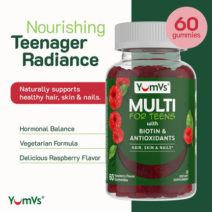YumVs Teen Multivitamin Gummies with Biotin and Antioxidants - Raspberry Flavor - Hair Skin Nails Support - Kosher Teenager Vitamins YUM-V'SBuy Supplements Australia