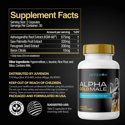 Juvenon Alpha Gold Male Testosterone Booster for Men - T-Support & Male Vitality with KSM-66 Ashwagandha + Fenugreek + Boron Citrate + Saw Palmetto, Non-GMO Vegetarian Capsules JuvenonBuy Supplements Australia