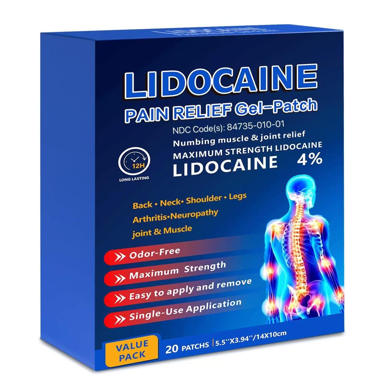 KIbabyDI Professional Lidocaine Pain Relief Patches - 20 Count | 4% Medicated Gel Patches for Targeted Joint & Muscle Comfort | Long-Lasting 12-Hour Relief, Ultra-Flexible Design -lb234 KIbabyDIBuy Supplements Australia