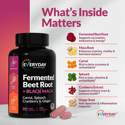EVERYDAY NUTRITION Organic Fermented Beet Root & Black Maca Capsules with Carrot, Spinach, Cranberry & Ginger | Superfood for Energy, Stamina & Wellness | 90 Veggie Capsules | Made in USA EVERYDAY NUTRITIONBuy Supplements Australia