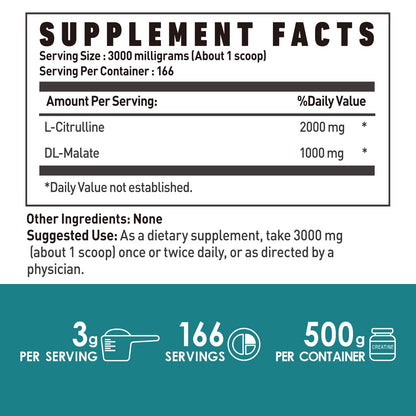 L-Citrulline Dl-Malate 2:1 Powder 500g, Pure L Citrulline Malate Supplement Preworkout Powder, Unflavored, No Additives