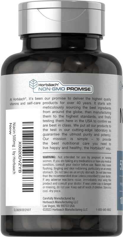Niacin | Vitamin B3 500mg | 100 Capsules | with Flushing | Non-GMO, and Gluten Free HorbäachBuy Supplements Australia