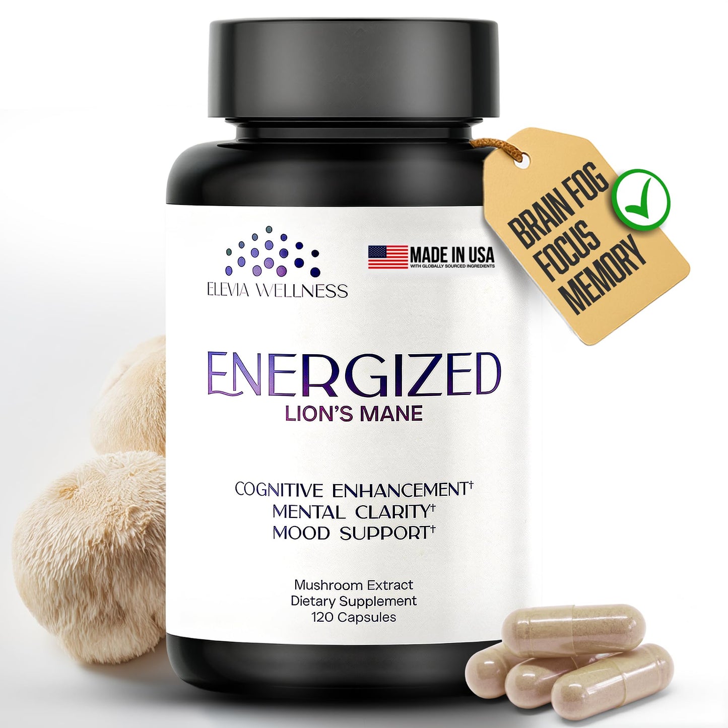 Energized Lions Mane Supplement Capsules (120ct),Brain Supplements for Memory and Focus, Nootropic for Brain Fog Relief Made in USA,30% Polysaccharides,Natural Brain Health Support Elevia WellnessBuy Supplements Australia