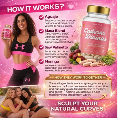 Caderas Divinas : Bigger Booty & Wider Hips – Aguaje + Maca Pills with Moringa & Saw Palmetto – 4 Super Ingredients for Natural Curve Growth – by CurvyFruit – 60 Capsules Curvy FruitBuy Supplements Australia