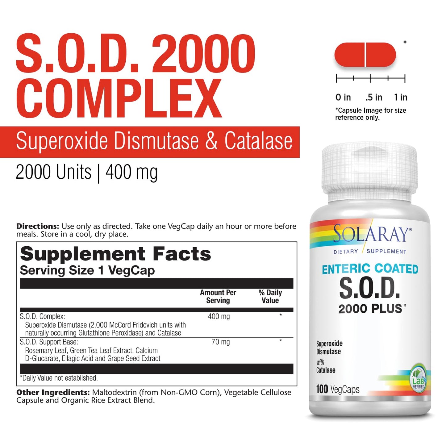 SOLARAY S.O.D. 2000 Plus - Superoxide Dismutase (SOD) and Catalase Antioxidant Supplement, Wellness Support - w/Green Tea Extract, Calcium, Rosemary, Grape Seed Extract, 60-Day Guarantee, 100 Servings SOLARAYBuy Supplements Australia