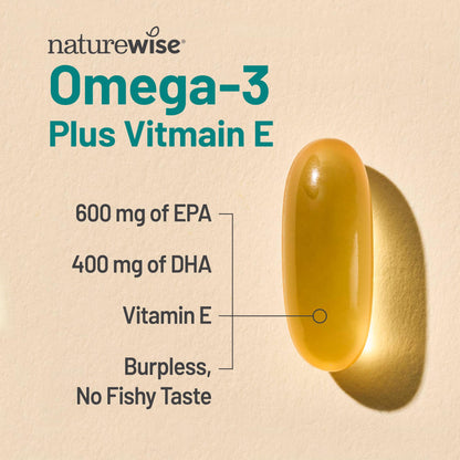 NatureWise Extra-Strength Omega 3 Fish Oil Supplement - 1000mg per Serving - 600 EPA & 400 DHA and Vitamin E - Support for Heart & Brain Health