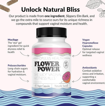 Flower Power ‘She Juicy’ Supplement for Vaginal Health | Slippery Elm Bark | Feminine Flower PowerBuy Supplements Australia