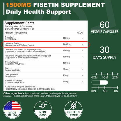Liposomal Fisetin Supplement, 2000MG, 98% Pure Fisetin Polyphenols Antioxidants, with Quercetin, TMG and Resveratrol, for Healthy Aging, Cognitive Support, 120 Capsules NICMINBuy Supplements Australia