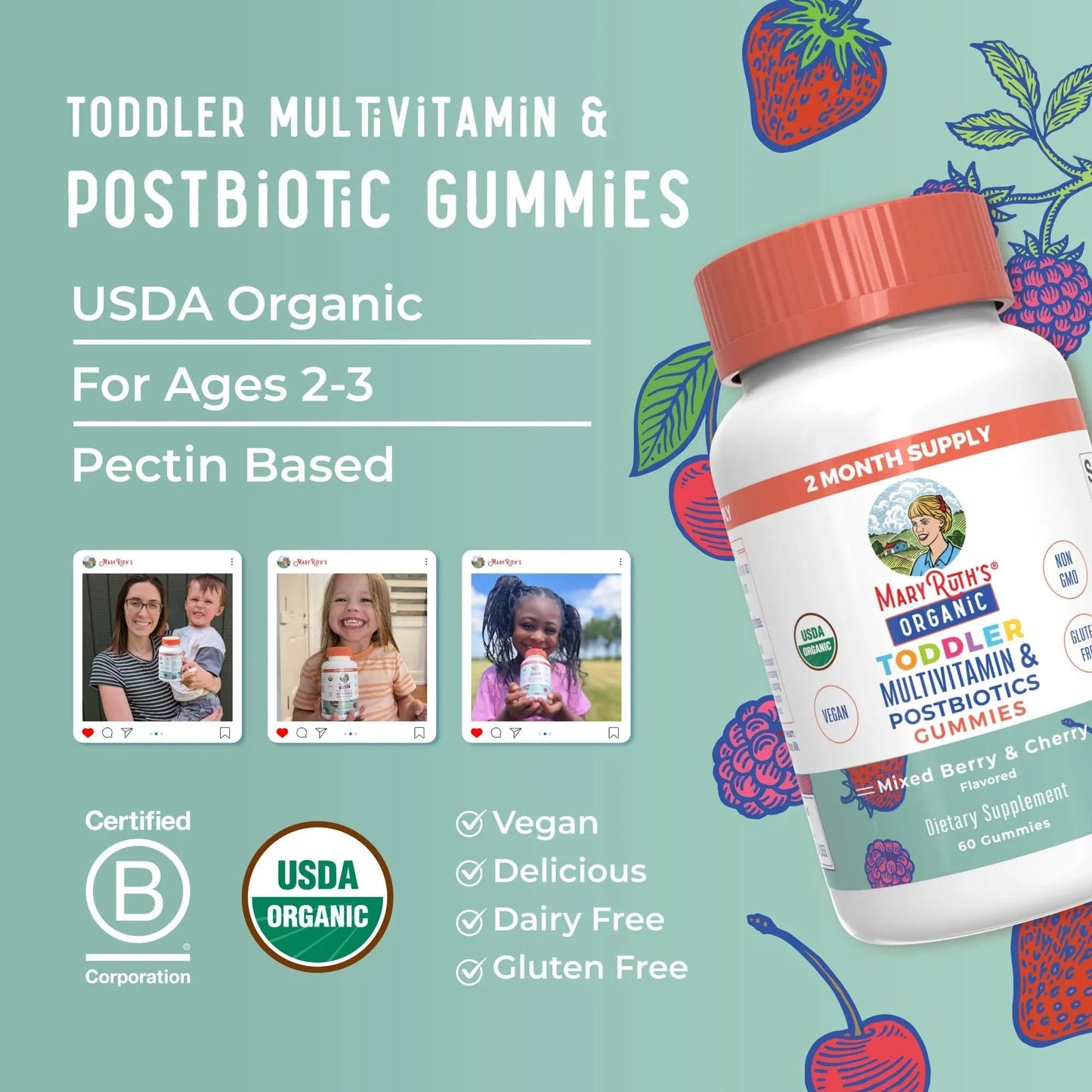 MaryRuth Organics Toddler Multivitamin Gummies + Postbiotics | USDA Organic | Vitamins for Kids Ages 2+ | Immune Support | Vitamin C | MaryRuth OrganicsBuy Supplements Australia