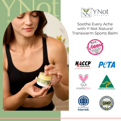 Y Not Natural Transwarm Sports Balm with Pure Emu Oil, Vitamins A, D, E, F & K2, Omega 3 6 9, & Tea Tree Oil Essential Oils - 50g Rub for Joint, Back, Muscle Stiffness & Soothing Itch Relief Y Not NaturalBuy Supplements Australia