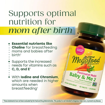 MegaFood Baby & Me 2 Postnatal Vitamins for Women Breastfeeding with Folate (Folic Acid Natural Form), Choline, Iodine, Vitamin D MegaFoodBuy Supplements Australia