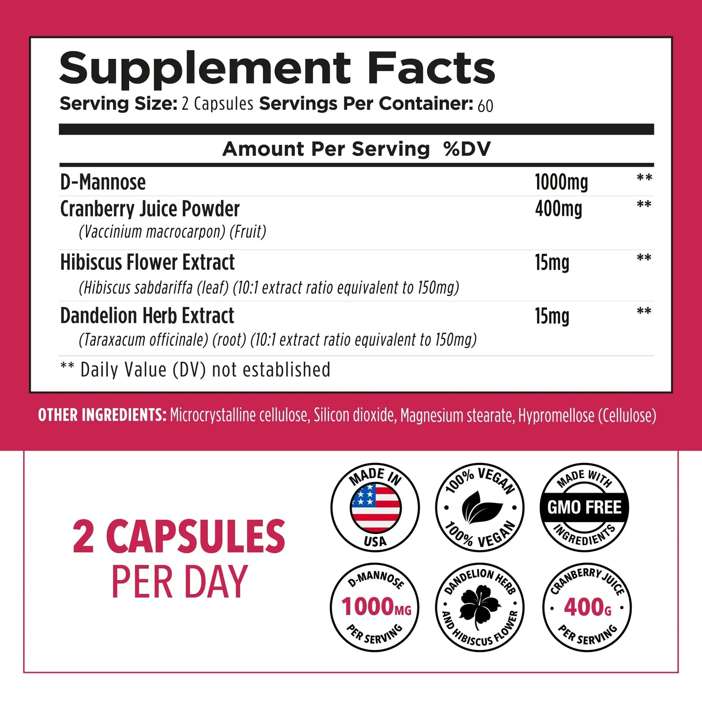 Plantvital D Mannose Capsules with Cranberry - D-mannose 1000mg Capsules - High Potency for Bladder, Kidney and Urinary Tract Support. Cranberry Powder with Hibiscus and Dandelion. 2 Months Supply PlantvitalBuy Supplements Australia