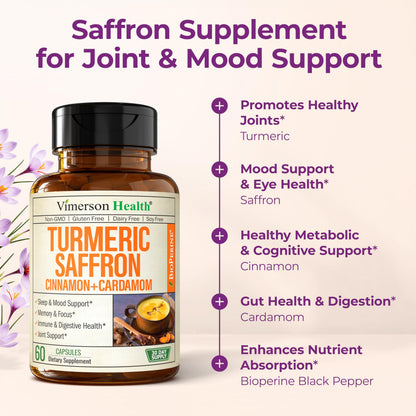 Saffron Supplements – 89mg Saffron Extract, 1000mg Turmeric Curcumin, Ceylon Cinnamon & Cardamom – Daily Mood, Joint & Metabolic Support