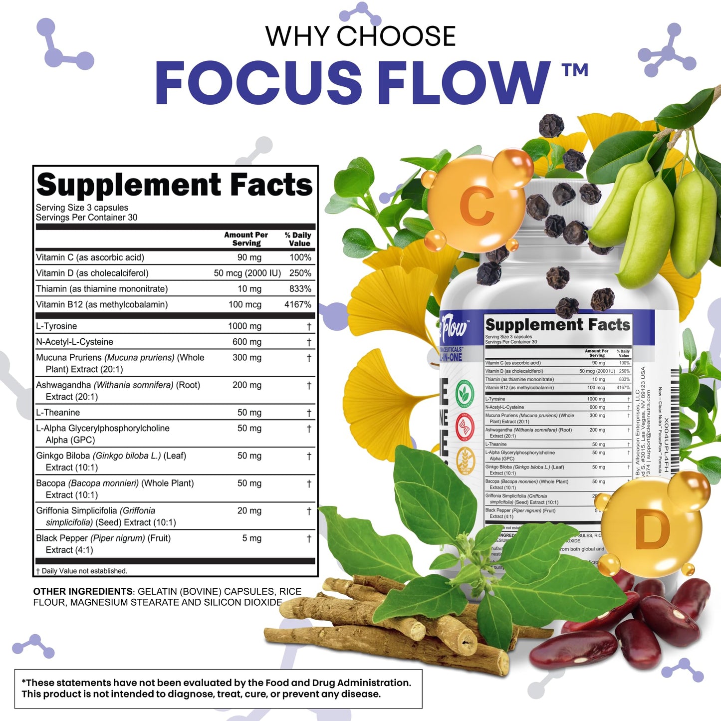 Focus Flow L-Tyrosine Vitamin B C D L-Theanine Ashwagandha Ginkgo Biloba Vitamin B12 Thiamine Black Pepper N-Acetylcysteine Mucuna Pruriens 90 Count Capsules by Clean Nutra Clean NutraceuticalsBuy Supplements Australia