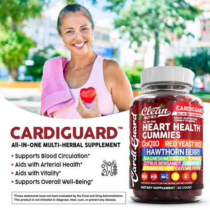 Clean Nutraceuticals Coq10 Gummies | Red Yeast Rice Hawthorn Berry Ginger Turmeric Citrus Bergamot Hibiscus Vitamin K2+D3 Magnesium Glycinate Cayenne Pepper Fenugreek Orange Flavor CardiGuard Clean NutraceuticalsBuy Supplements Australia