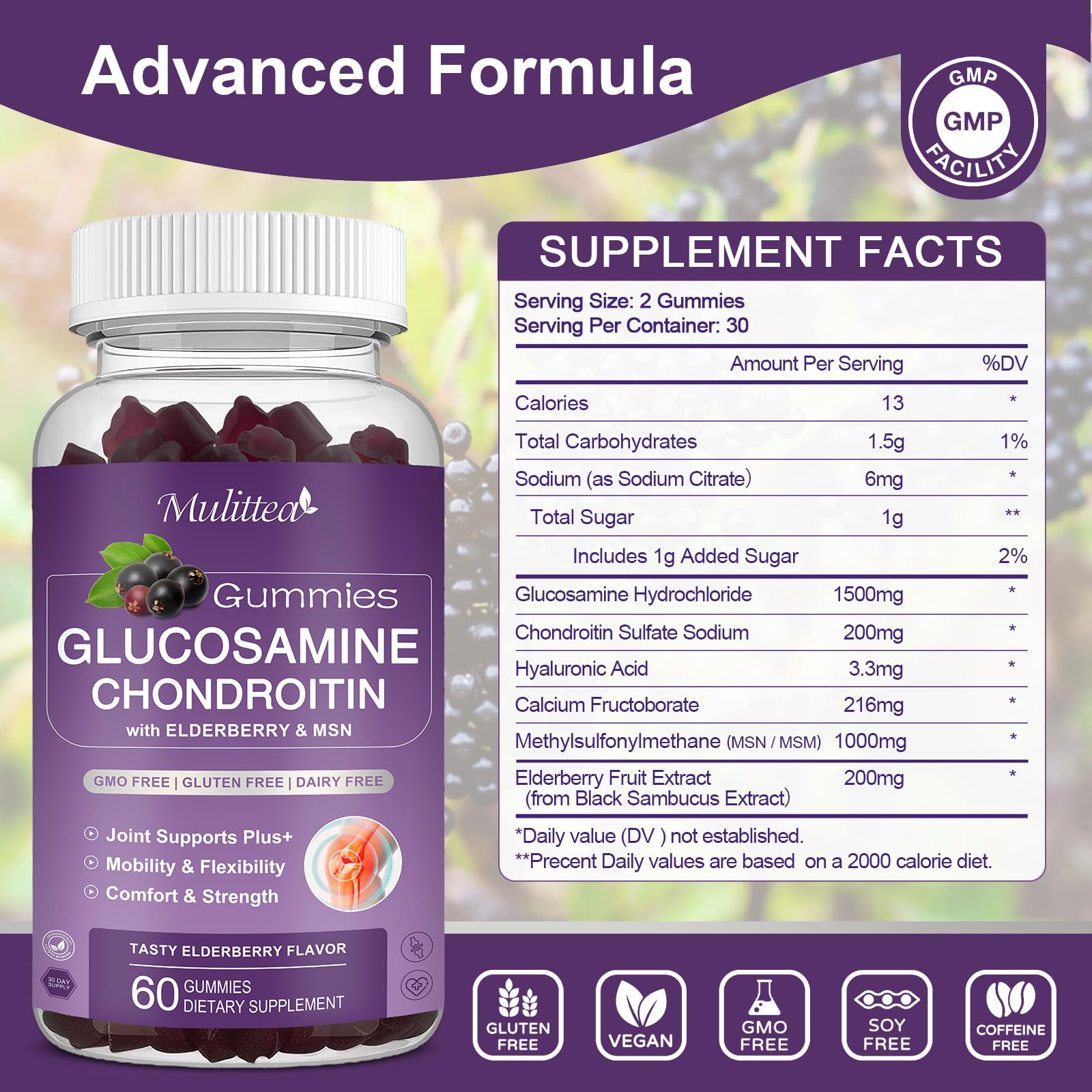 Mulittea Glucosamine Chondroitin Gummies - Extra Strength Joint Support Supplement with MSM & Elderberry for Natural Joint, Antioxidant Immune Support for Adults, Men & Women-(2 Pack) MulitteaBuy Supplements Australia