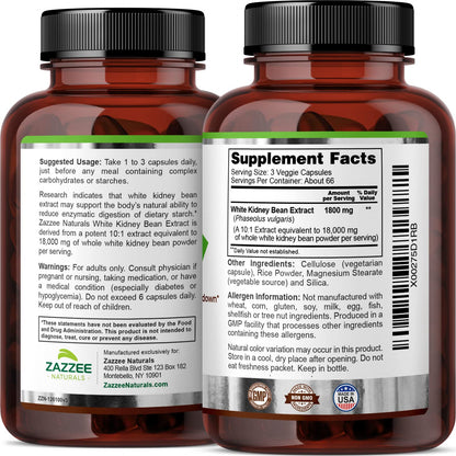 Zazzee White Kidney Bean 10:1 Extract, 18,000 mg Strength, 200 Vegan Capsules, Over 2 Month Supply ZazzeeBuy Supplements Australia