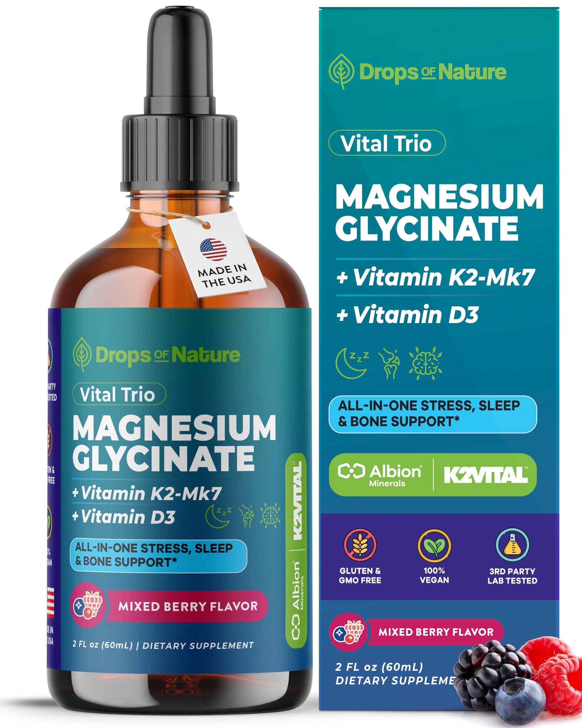 Magnesium Glycinate, Vitamin K2 & D3 Supplement – GMO-Free – VIT D MK7 K2 Vitamin Supplement & Magnesium Blend – with Nutrients for Bone Nutrition & Cardiovascular Function (Mixed Berry, 60 mL) Drops Of NatureBuy Supplements Australia