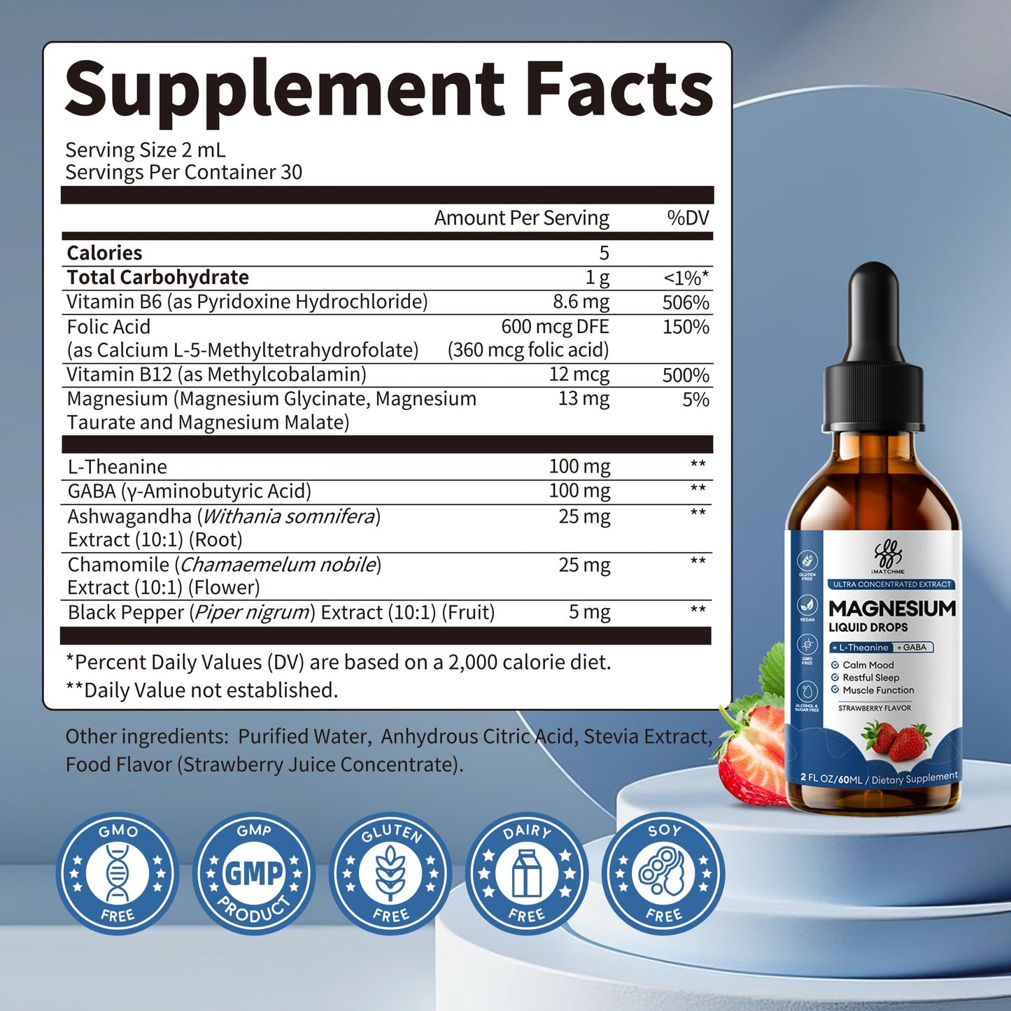 Liquid Magnesium Glycinate Drops for Nighttime Sleep & Calm Support, Triple Chelated Magnesium Complex with L-Theanine & GABA, Pre-Dissolved Liquid for Gentle Absorption, Strawberry Flavor, 2 Fl Oz iMATCHMEBuy Supplements Australia