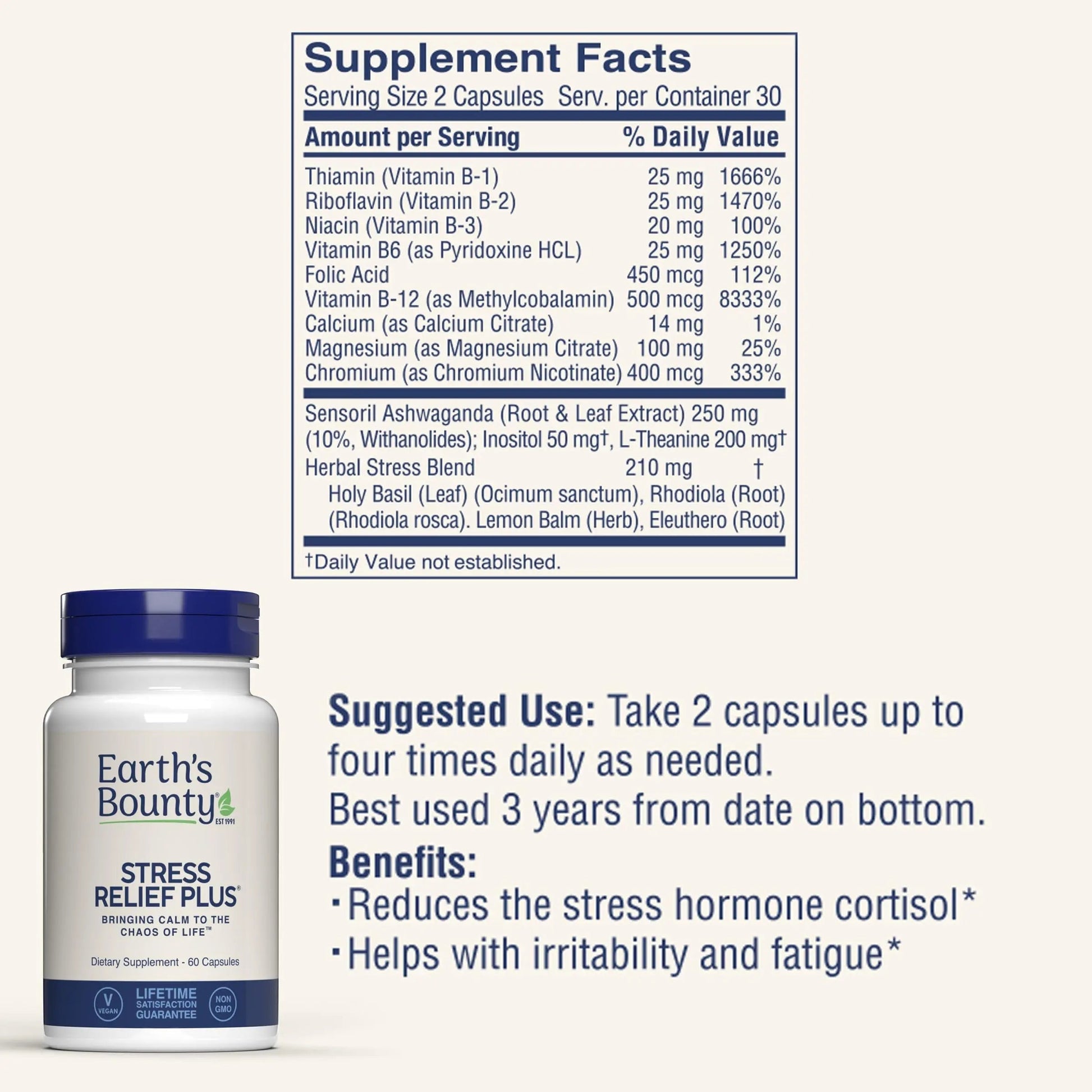 Earth's Bounty - Stress Relief Plus - 60 Vegetarian Capsules - All Natural Formula - Stress Support & Mood Enhancing Supplement Earth's BountyBuy Supplements Australia