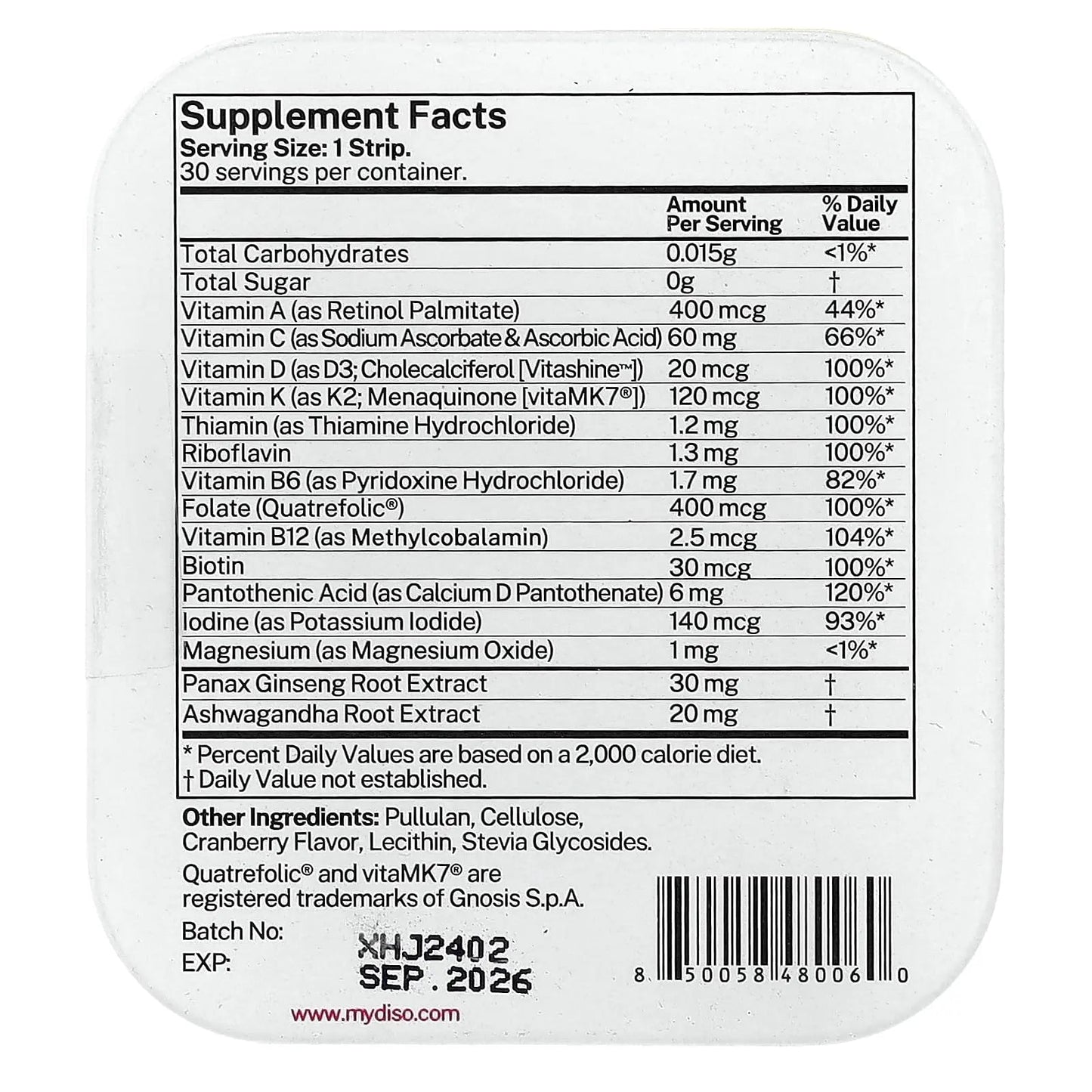 DISO - M-VIT - Fast-Dissolving Multivitamin Oral Strips, Cranberry Flavor, Vegan, Sugar Free, Gluten Free, Individually Wrapped DISO