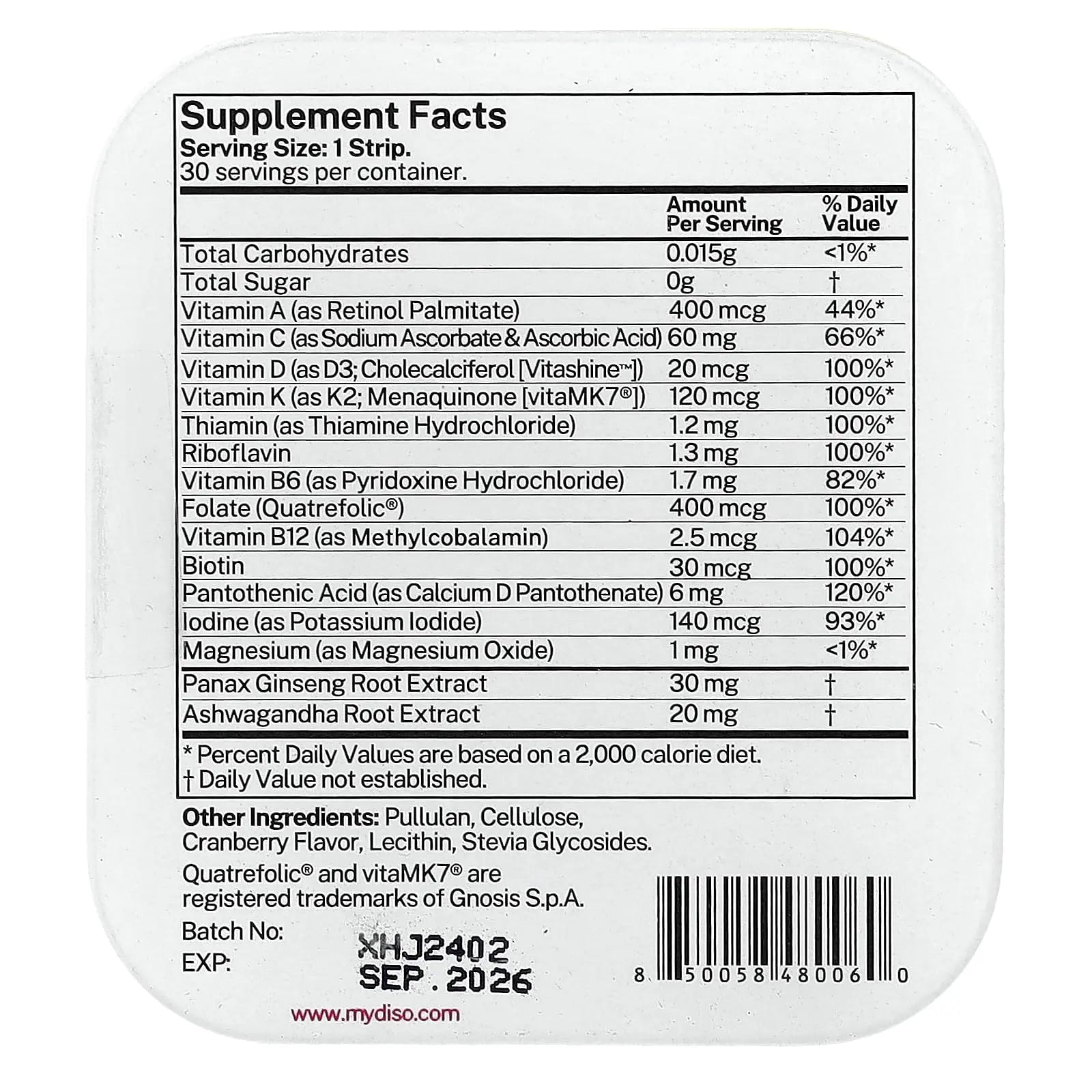 DISO - M-VIT - Fast-Dissolving Multivitamin Oral Strips, Cranberry Flavor, Vegan, Sugar Free, Gluten Free, Individually Wrapped DISO