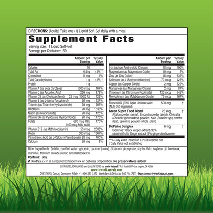 Irwin Naturals Only One Liquid-Gel Multi with Iron - 60 Liquid Softgels - Daily Essential Vitamins, Minerals, Antioxidants, Omega-3s & Green Super Foods Irwin NaturalsBuy Supplements Australia