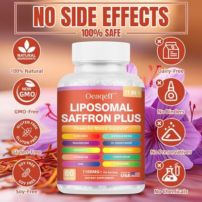 Oeaqeff Liposomal Saffron Supplements -11 in 1 100% Pure Saffron Extract 88.5 mg Maximum Absorption for Mood, Energy & Vision,Vegan, Non-GMO - 60 Vegan Capsules (1) OeaqeffBuy Supplements Australia